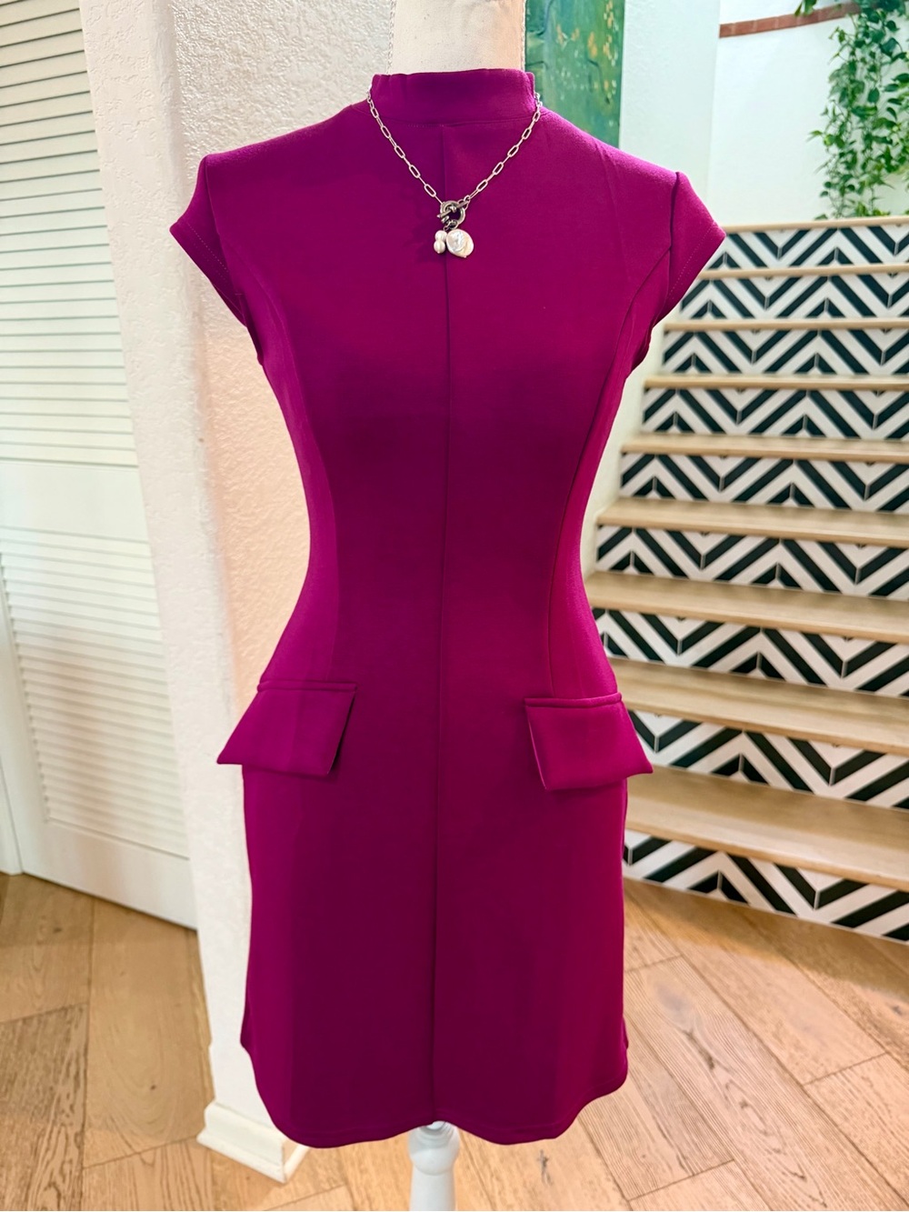Fit and Flare Cap-Sleeve Mini Dress in Magenta Size XS Spandex Blend